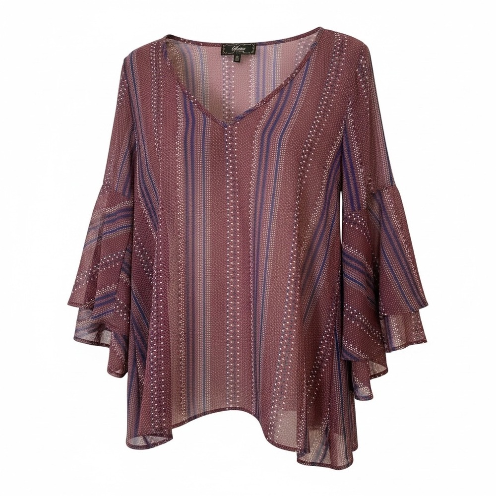 Boho Peasant Status by Chenault XL Burgundy Bell Sleeve Geometric Blouse USA
